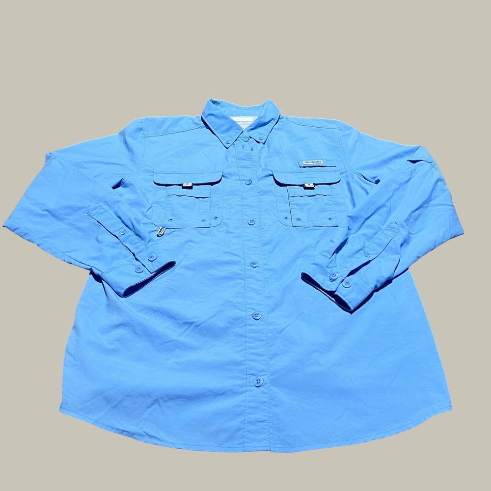 Columbia PFG Mens Blue Long Sleeve Button Down Fishing Shirt Size Medium